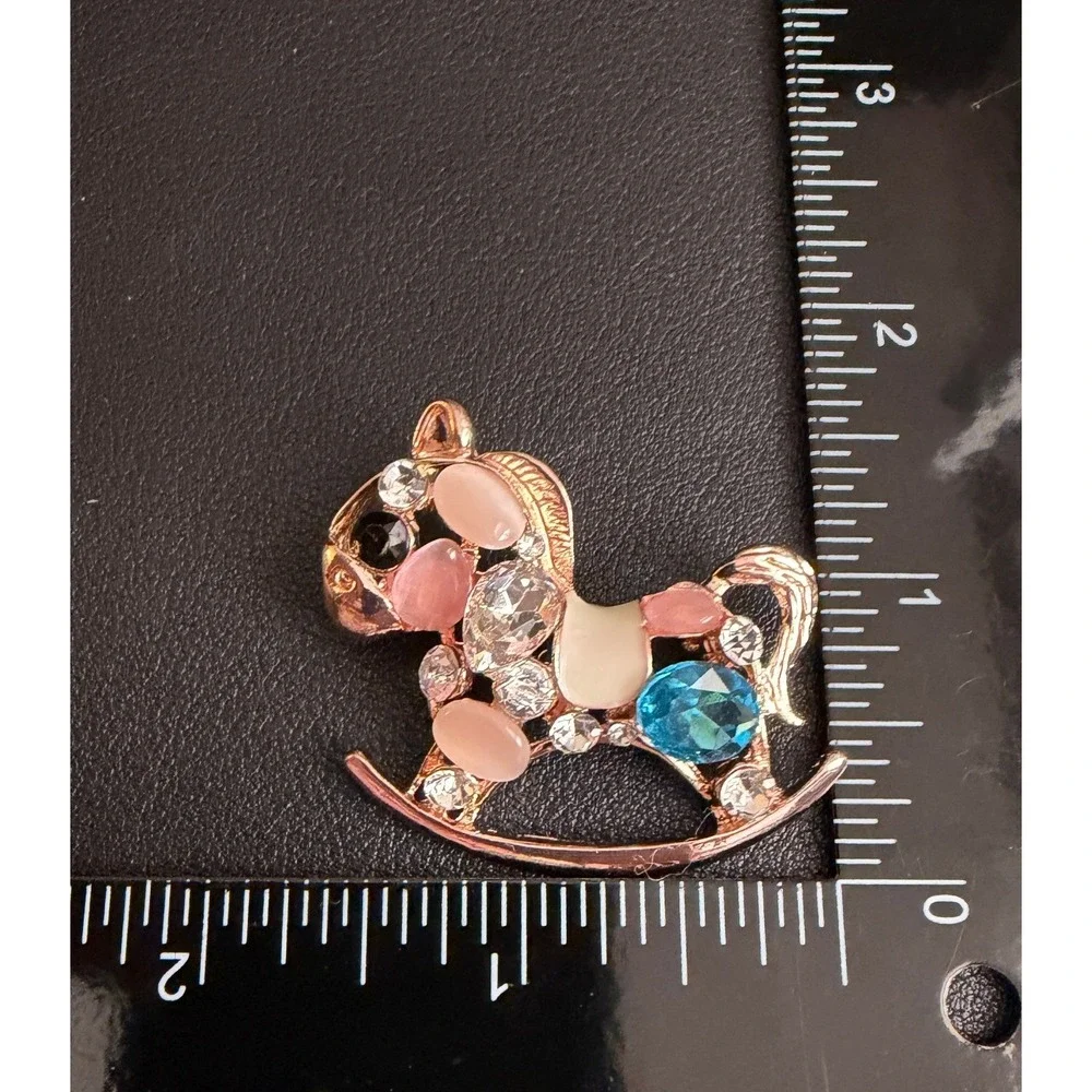 Rocking Horse Brooch Rhinestone Rose Gold Tone